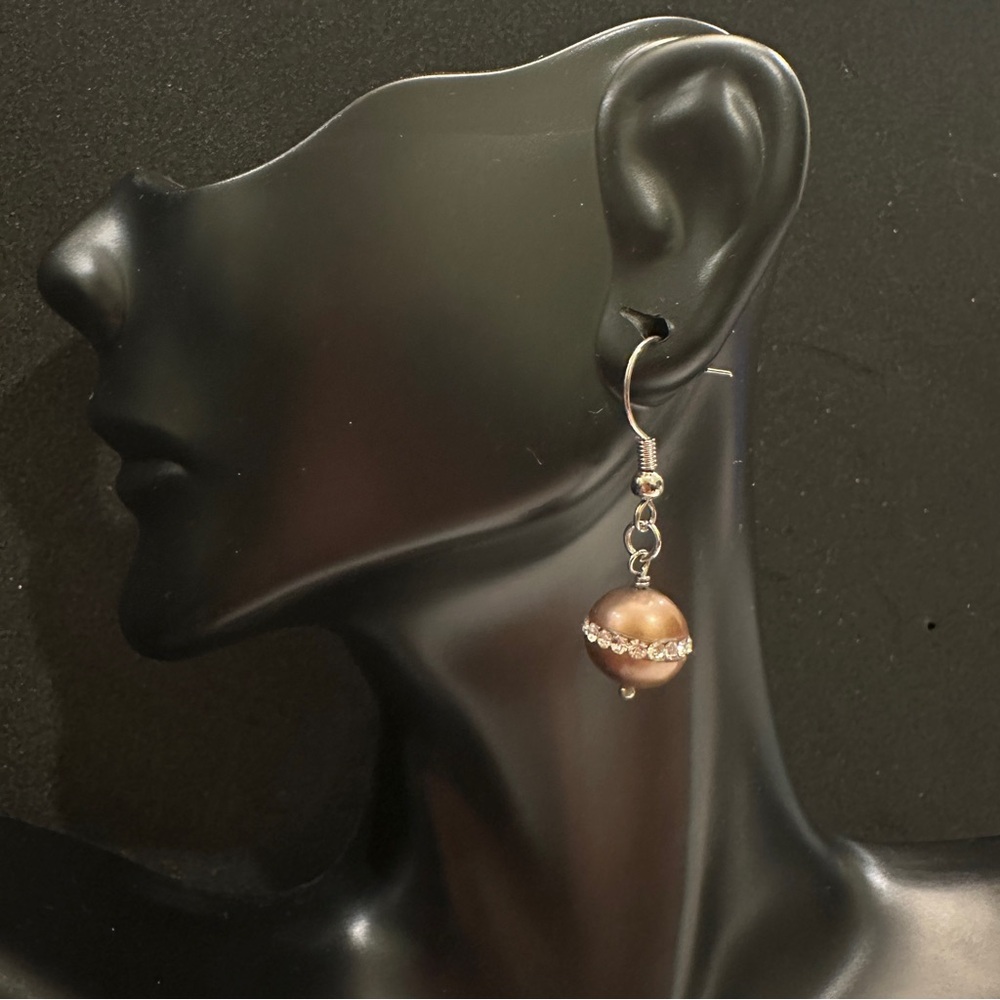 Silver Dangling 9mm Bronze Pearl Drop Earrings Sparkling Rhinestones 1.5” Long